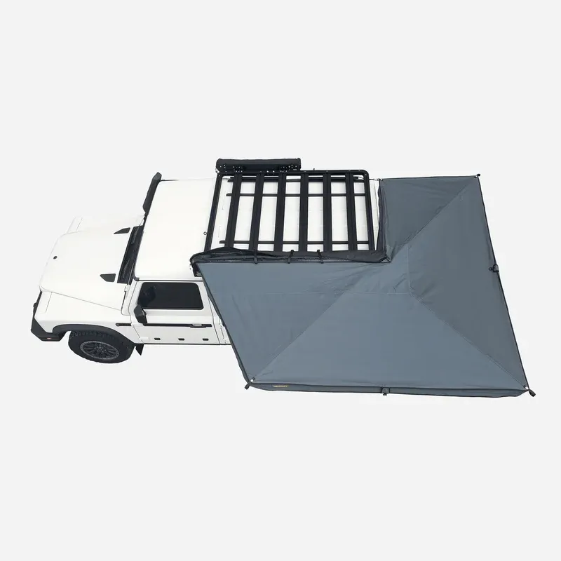 Horntools Markise Horizon 270 Grad Markise Draufsicht geöffnet am Fahrzeug Overlanding Camping Markise