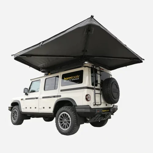 Horntools Markise Horizon 270 Grad Markise geöffnet am Jeep Fahrzeug ohne Vorzelt Overlanding Camping Markise