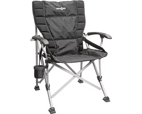 Brunner Camping Faltstuhl gepolstert mit Armlehnen und Getränkehalter – komfortabler Outdoor Campingstuhl schwarz