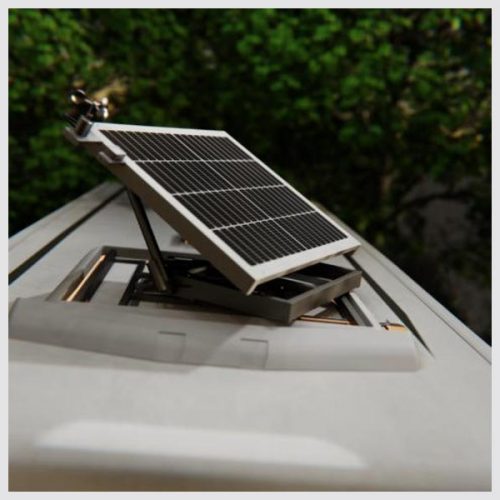SUNSEEKER Solarpanel auf Wohnmobil Dach montiert und aufgestellt – automatische Solar Nachführung für autarke Energie beim Camping