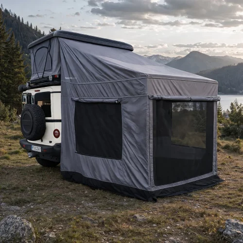 Vorzelt Horntools Themis Dachzelt Außenansicht Moskitonetz geschlossen Camping Natur Overlanding